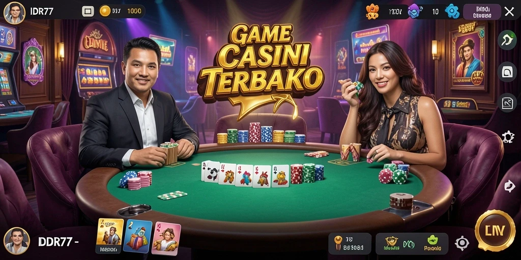 Screenshot gameplay menunjukkan dealer profesional dan suasana kasino langsung.