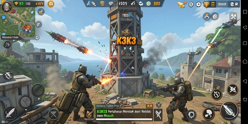Tampilan gameplay K3K3 menunjukkan strategi Tower Defense yang intens.
