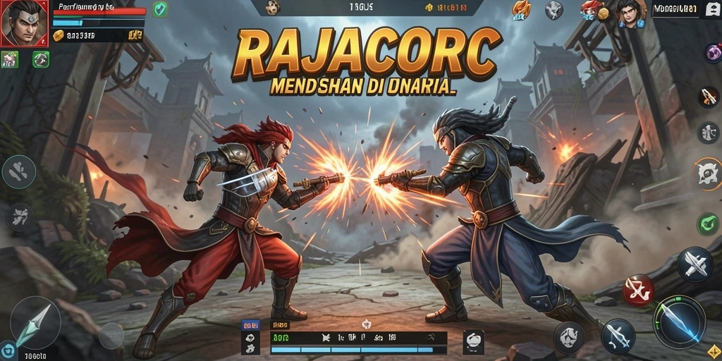 Tangkapan layar utama RAJACORC menampilkan aksi pertarungan yang mendebarkan.