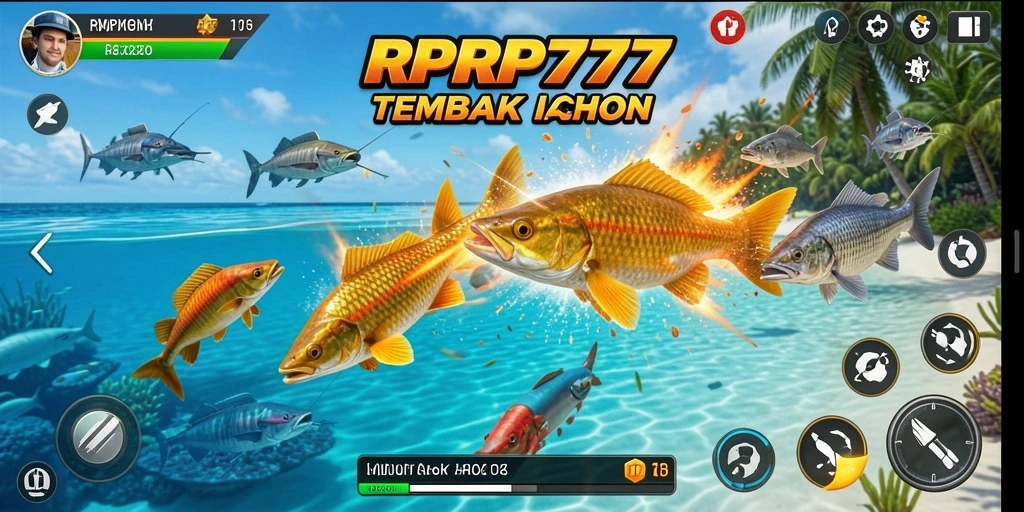Screenshot RPRP777 menunjukkan aksi menembak ikan penuh warna.