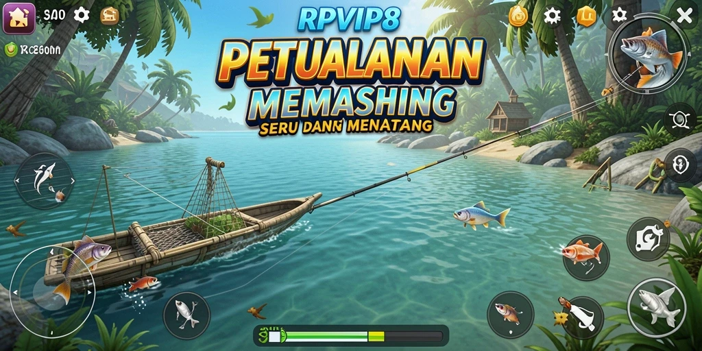 Screenshot RPVIP8 menampilkan aksi memancing seru di lokasi yang indah.
