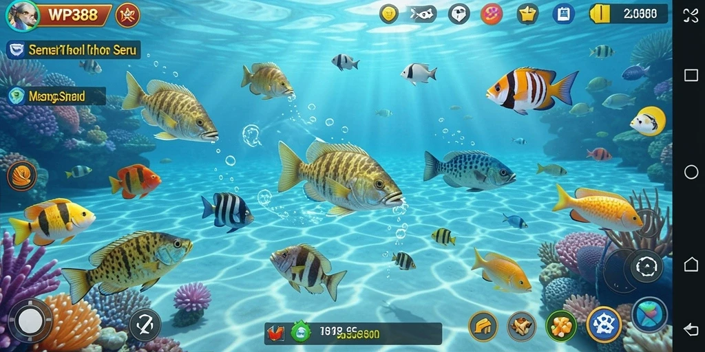 Screenshot WP888 menampilkan aksi seru saat menembak ikan.