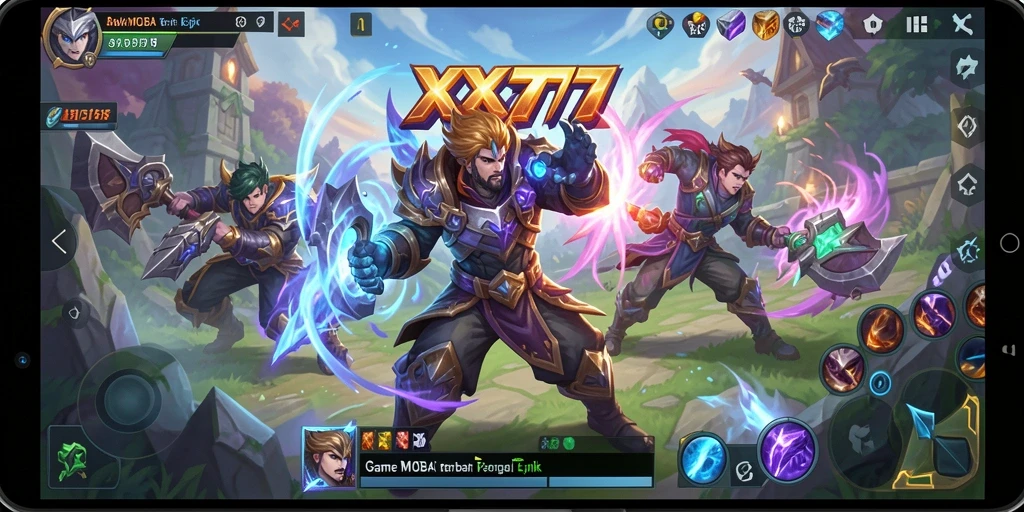 Tampilan gameplay epik di XXX777 dengan karakter dan arena yang menakjubkan.